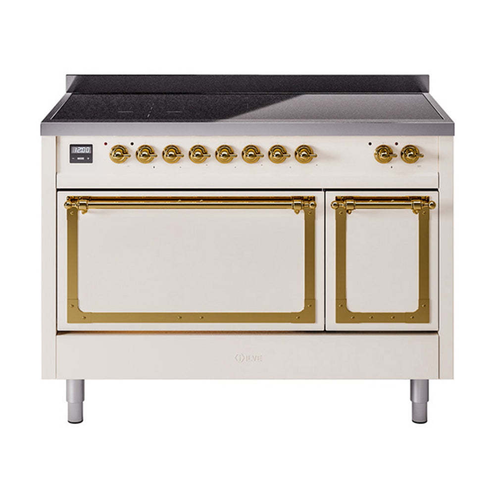 ILVE Nostalgie II Noblesse 48-Inch Induction Range, Solid Door, Antique White with Brass Trim (UNI486QNMPAWG)