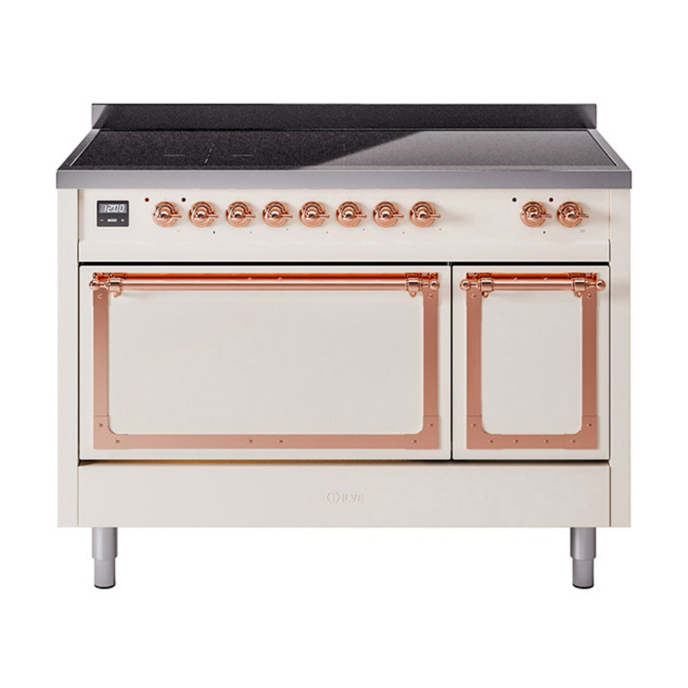 ILVE Nostalgie II Noblesse 48-Inch Induction Range, Solid Door, Antique White with Copper Trim (UNI486QNMPAWP)