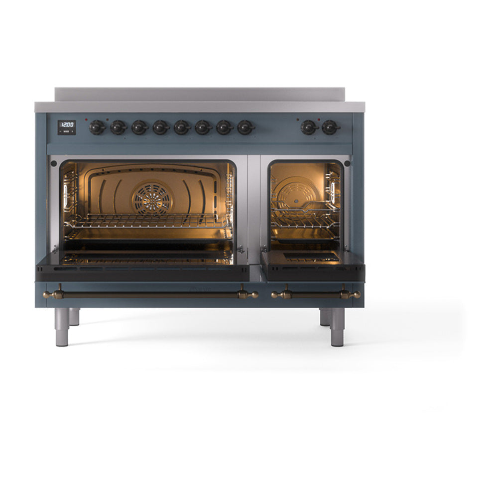 ILVE Nostalgie II Noblesse 48-Inch Induction Range, Solid Door, Blue Grey with Burnished Bronze Trim (UNI486QNMPBGB)