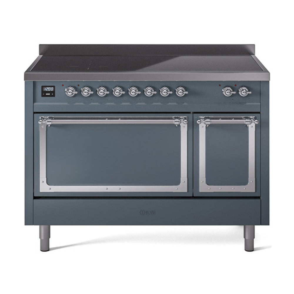 ILVE Nostalgie II Noblesse 48-Inch Induction Range, Solid Door, Blue Grey with Chrome Trim (UNI486QNMPBGC)