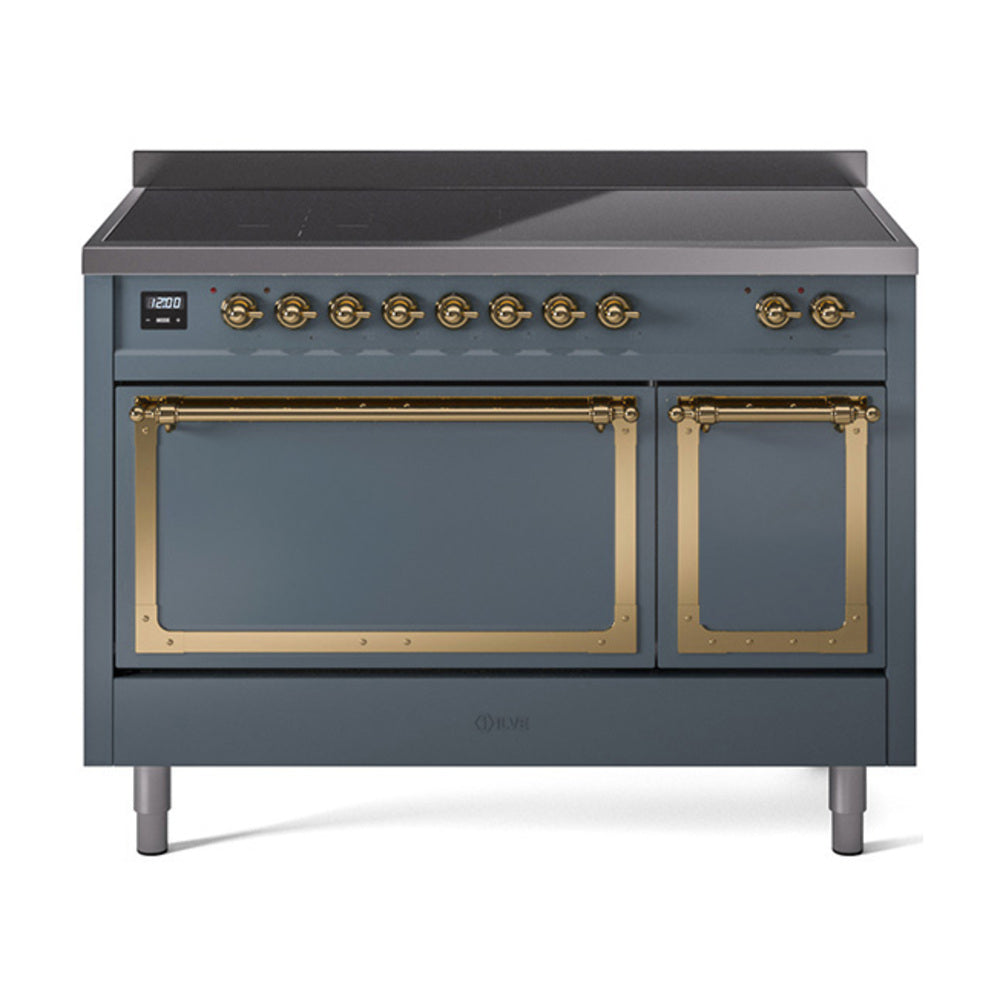 ILVE Nostalgie II Noblesse 48-Inch Induction Range, Solid Door, Blue Grey with Brass Trim (UNI486QNMPBGG)