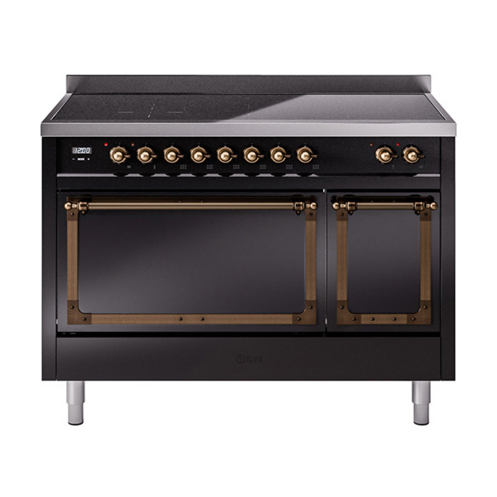 ILVE Nostalgie II Noblesse 48-Inch Induction Range, Solid Door, Glossy Black with Burnished Bronze Trim (UNI486QNMPBKB)