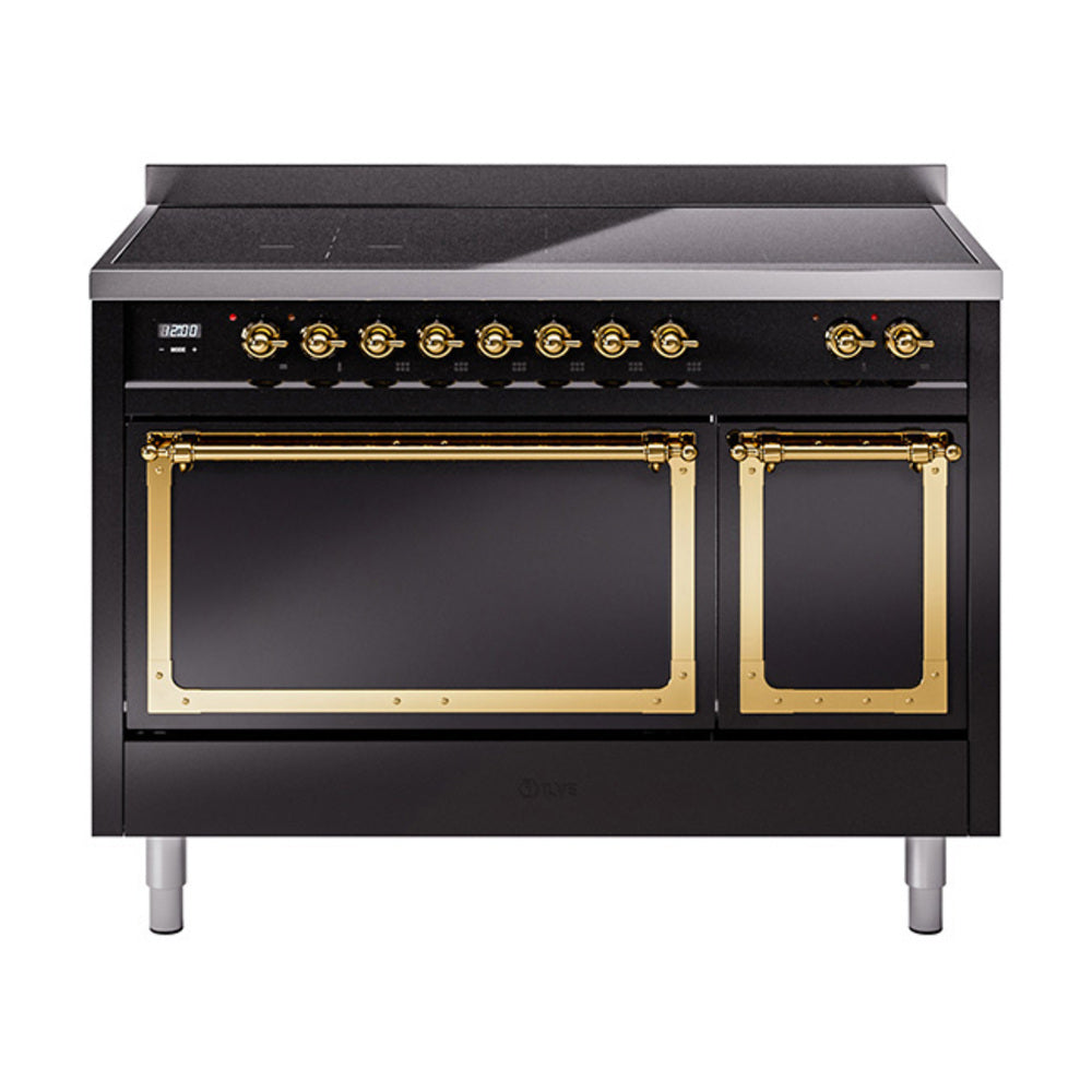 ILVE Nostalgie II Noblesse 48-Inch Induction Range, Solid Door, Glossy Black with Brass Trim (UNI486QNMPBKG)