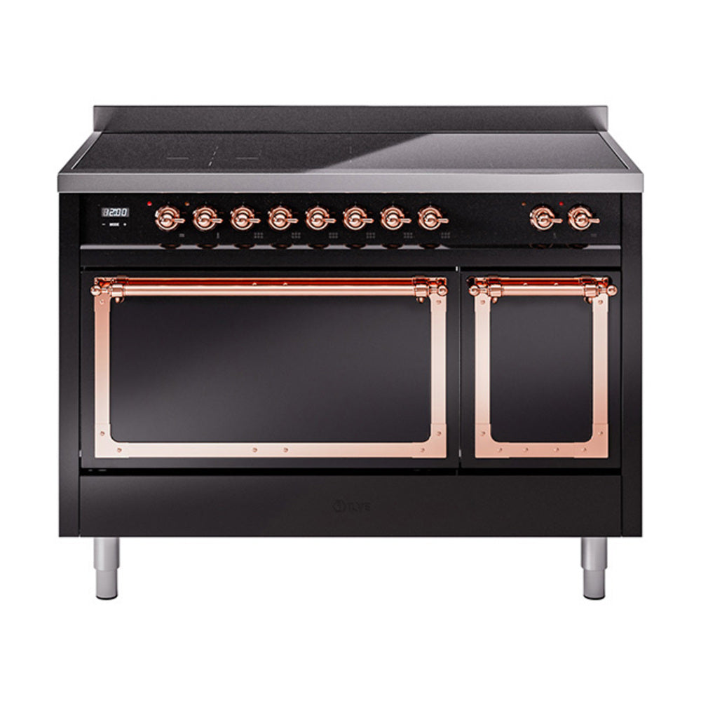 ILVE Nostalgie II Noblesse 48-Inch Induction Range, Solid Door, Glossy Black with Copper Trim (UNI486QNMPBKP)