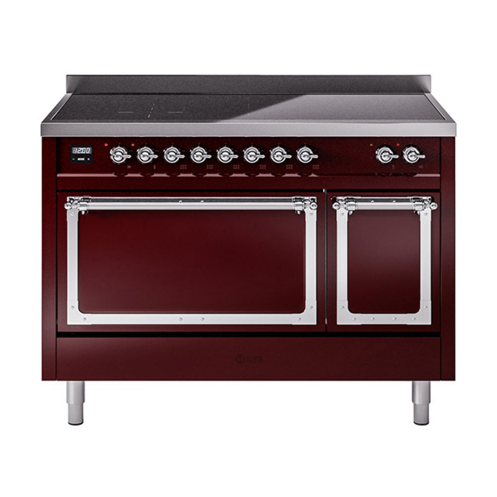 ILVE Nostalgie II Noblesse 48-Inch Induction Range, Solid Door, Burgundy with Chrome Trim (UNI486QNMPBUC)