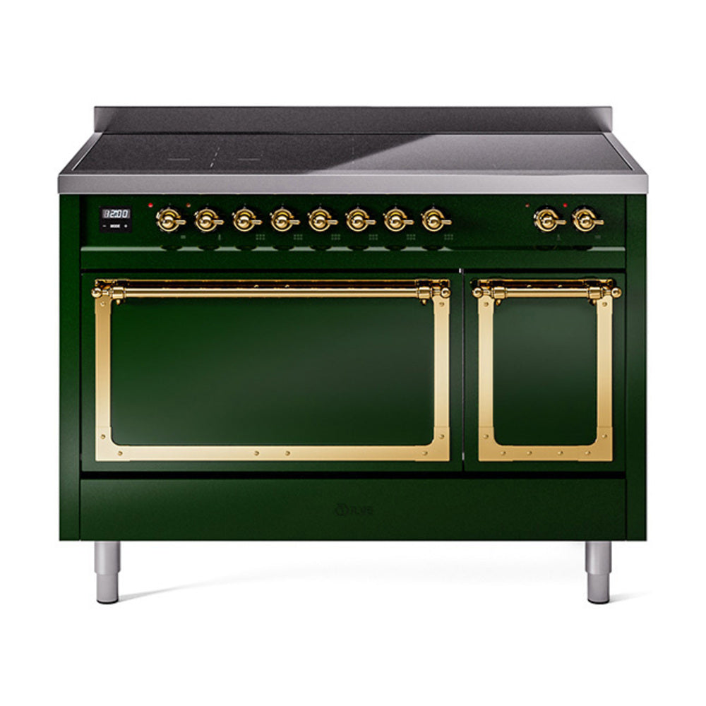 ILVE Nostalgie II Noblesse 48-Inch Induction Range, Solid Door, Emerald Green with Brass Trim (UNI486QNMPEGG)