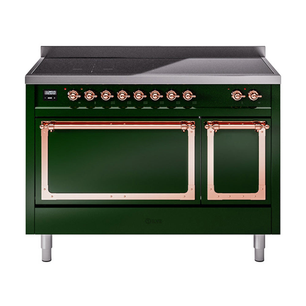 ILVE Nostalgie II Noblesse 48-Inch Induction Range, Solid Door, Emerald Green with Copper Trim (UNI486QNMPEGP)