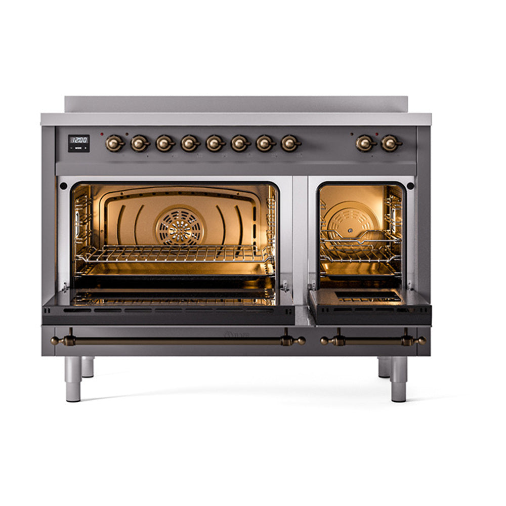 ILVE Nostalgie II Noblesse 48-Inch Induction Range, Solid Door, Matte Graphite with Burnished Bronze Trim (UNI486QNMPMGB)