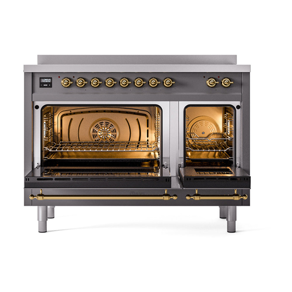 ILVE Nostalgie II Noblesse 48-Inch Induction Range, Solid Door, Matte Graphite with Brass Trim (UNI486QNMPMGG)
