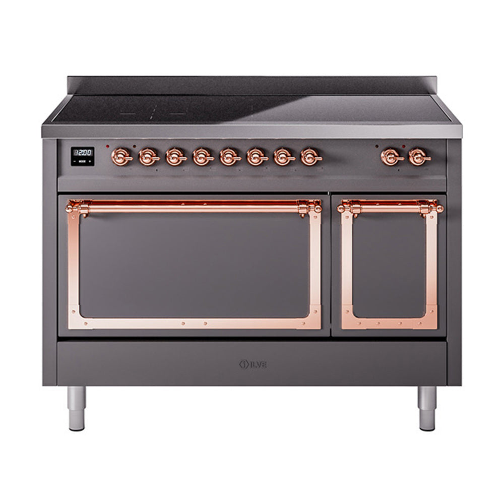 ILVE Nostalgie II Noblesse 48-Inch Induction Range, Solid Door, Matte Graphite with Copper Trim (UNI486QNMPMGP)
