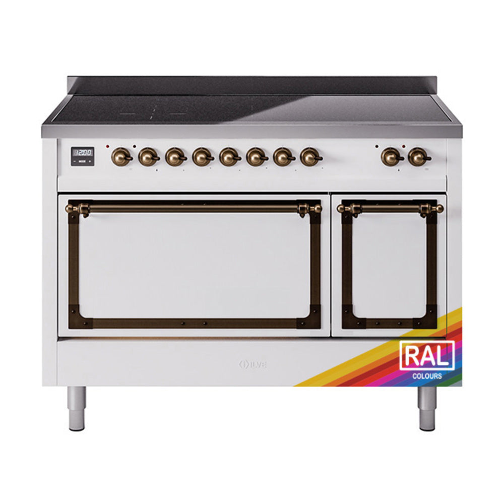 ILVE Nostalgie II Noblesse 48-Inch Induction Range, Solid Door, Custom RAL with Burnished Bronze Trim (UNI486QNMPRAB)