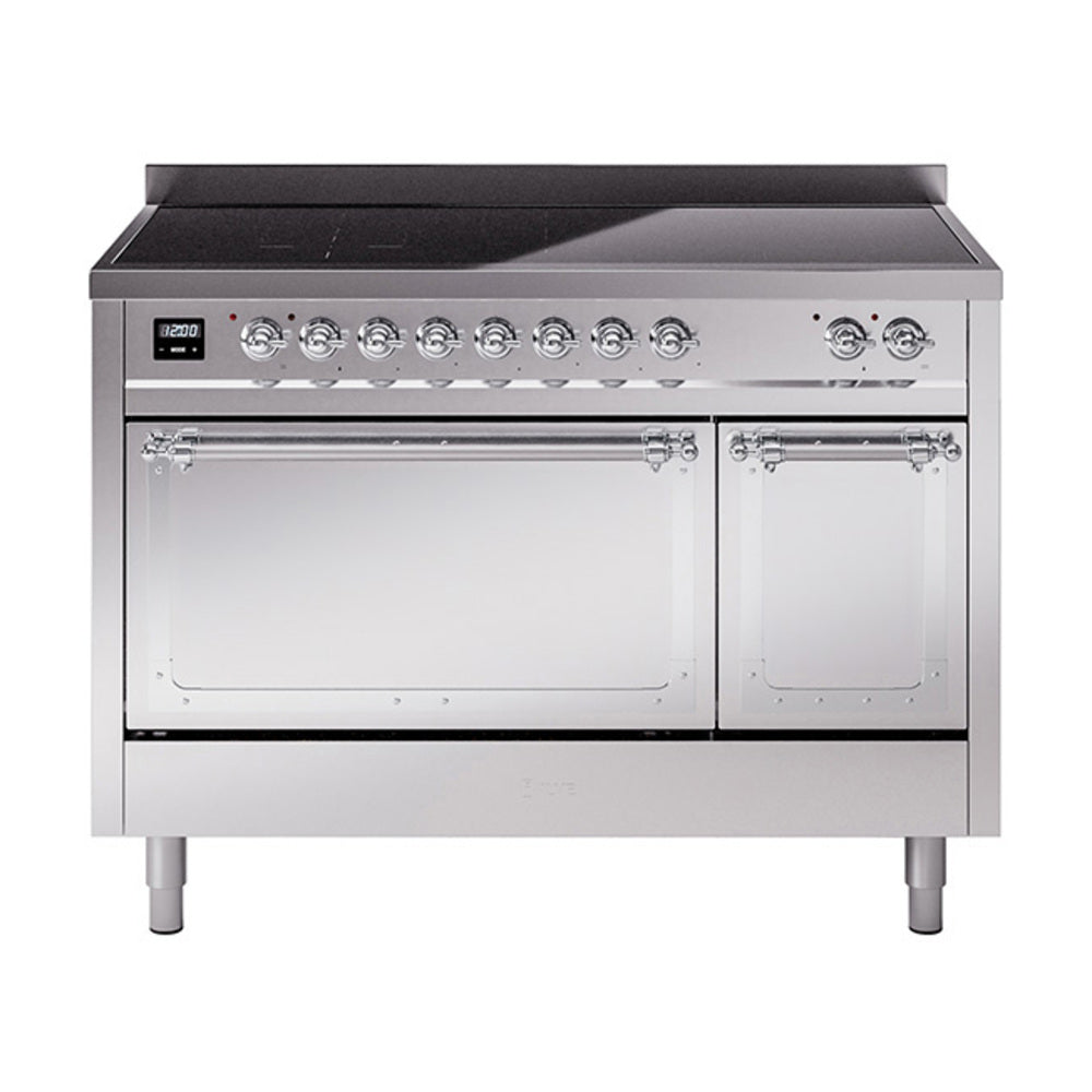 ILVE Nostalgie II Noblesse 48-Inch Induction Range, Solid Door, Stainless Steel with Chrome Trim (UNI486QNMPSSC)