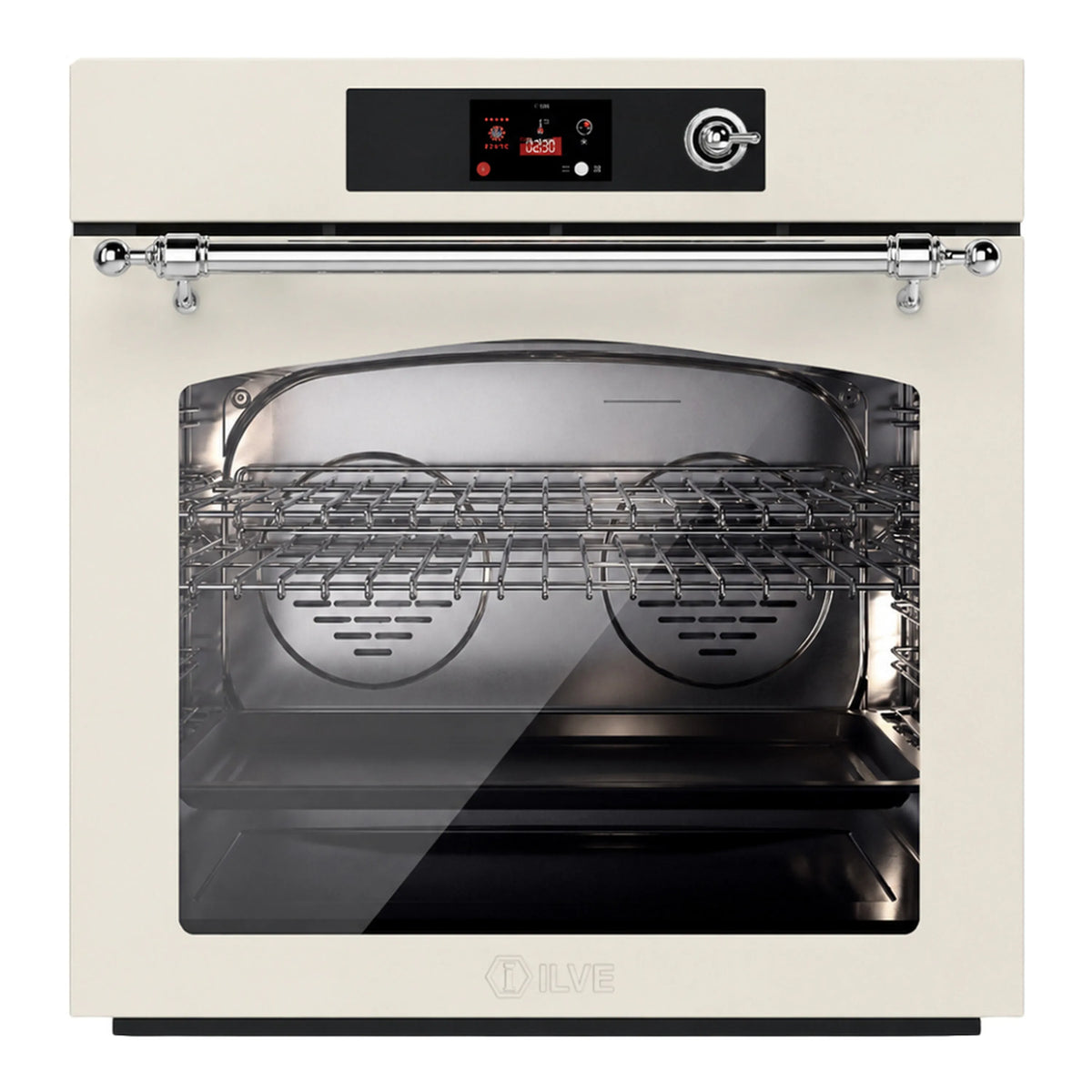 ILVE Nostalgie II 30-Inch Pyrolytic Single Wall Oven with 4.4 Cu. Ft. Capacity in Antique White with Chrome Trim (UOV30NTPYAWC)
