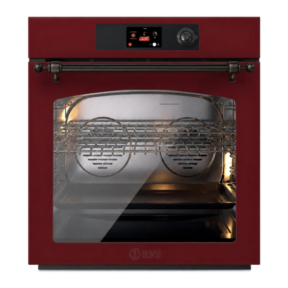 ILVE Nostalgie II 30-Inch Pyrolytic Single Wall Oven with 4.4 Cu. Ft. Capacity in Burgundy with Burnished Trim (UOV30NTPYBUB)