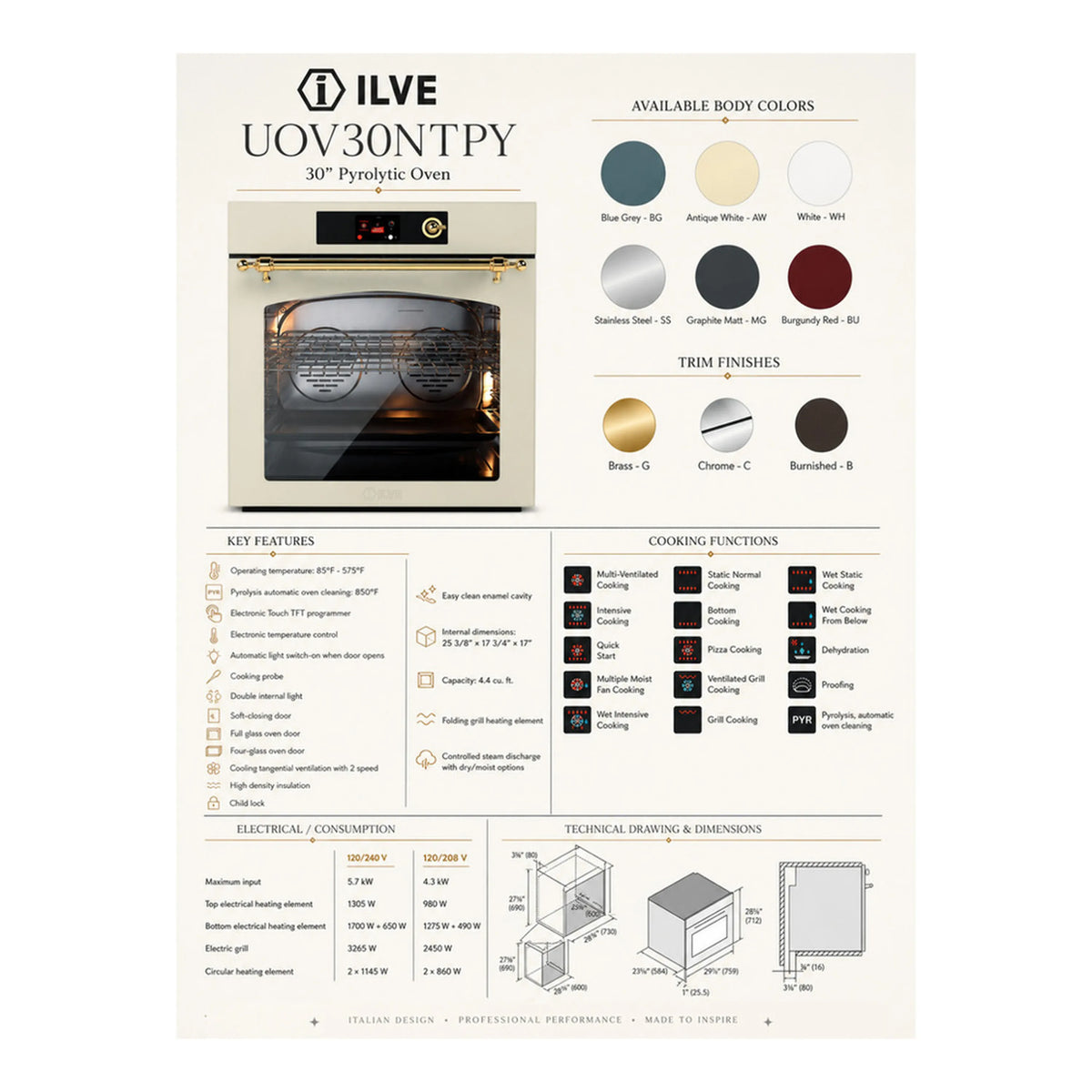 ILVE Nostalgie II 30-Inch Pyrolytic Single Wall Oven with 4.4 Cu. Ft. Capacity in Burgundy with Burnished Trim (UOV30NTPYBUB)