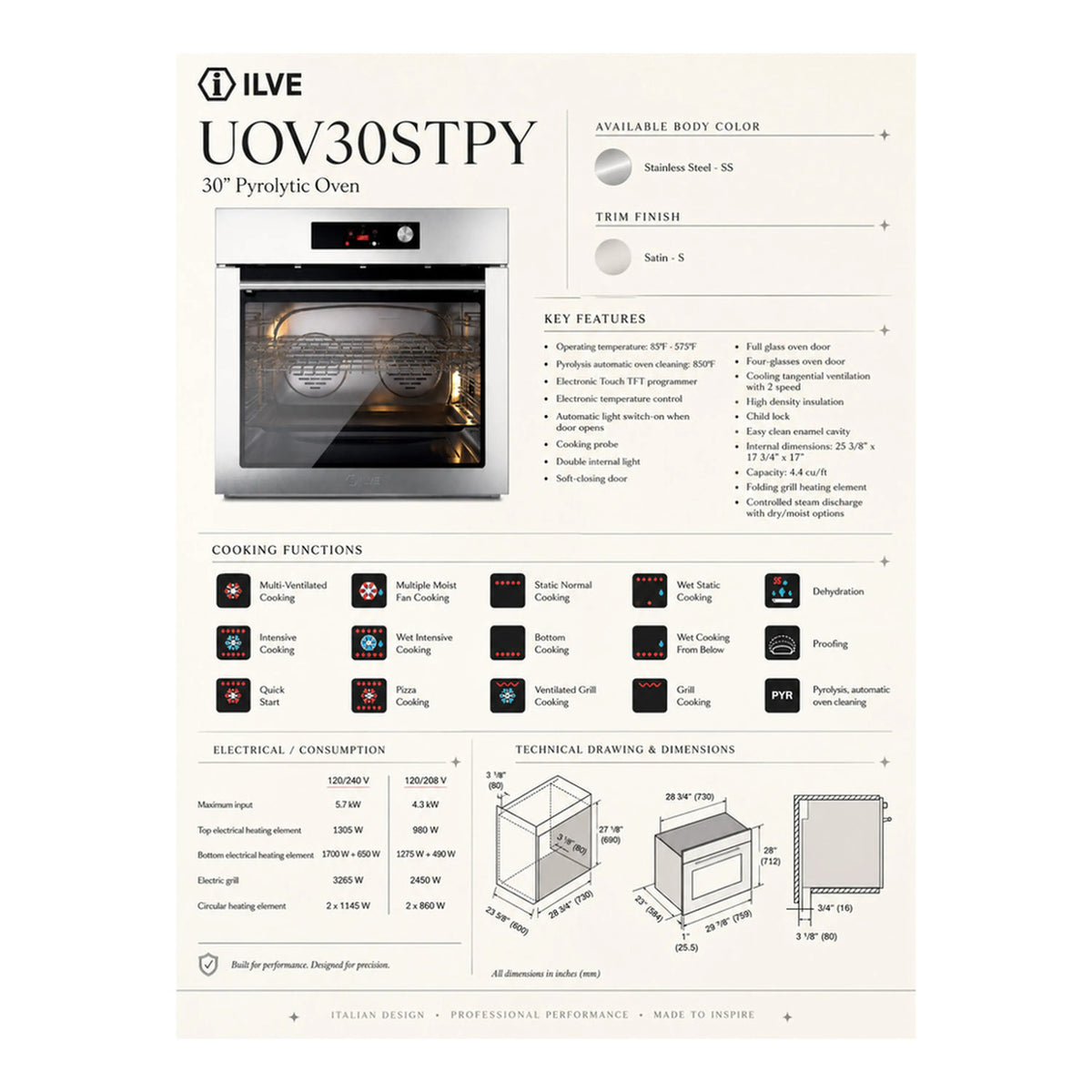 ILVE Professional Plus II 30-Inch Pyrolytic Single Wall Oven with 4.4 Cu. Ft. Capacity in Stainless Steel (UOV30STPYSS)