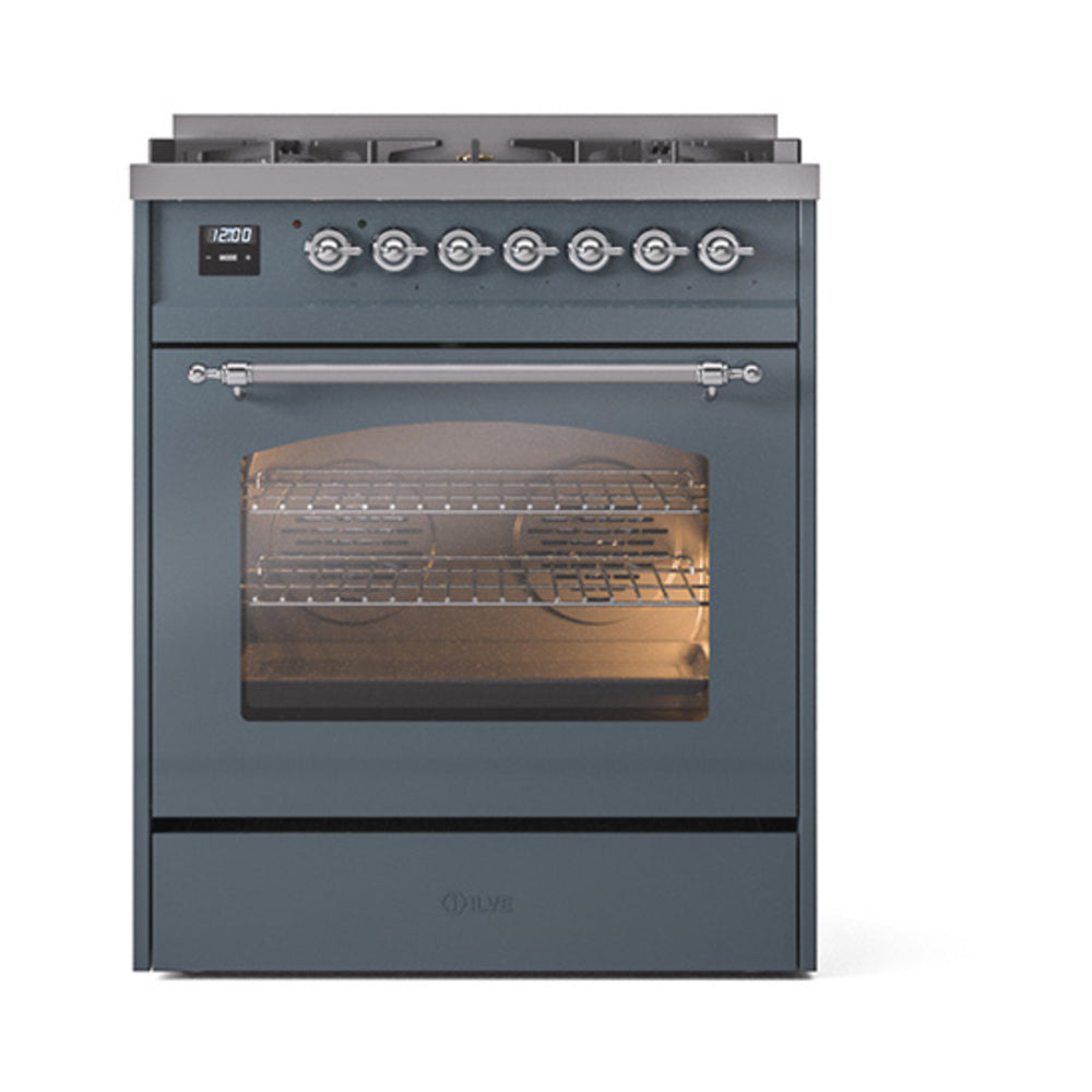ILVE Nostalgie II 30-Inch Dual Fuel Range, Freestanding, Blue Grey with Chrome Trim (UP30NMPBGCLP)