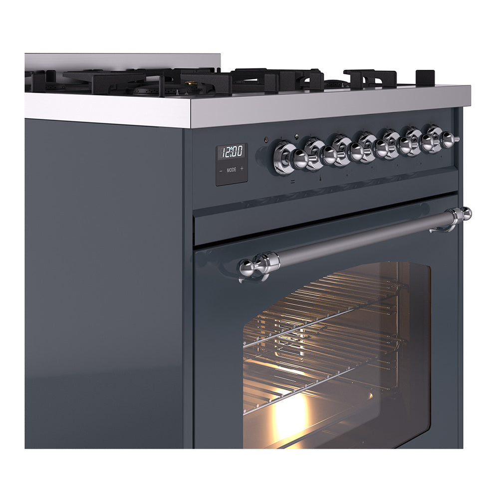ILVE Nostalgie II 30-Inch Freestanding Natural Gas Dual Fuel Range in Blue Grey with Chrome Trim (UP30NMPBGC)