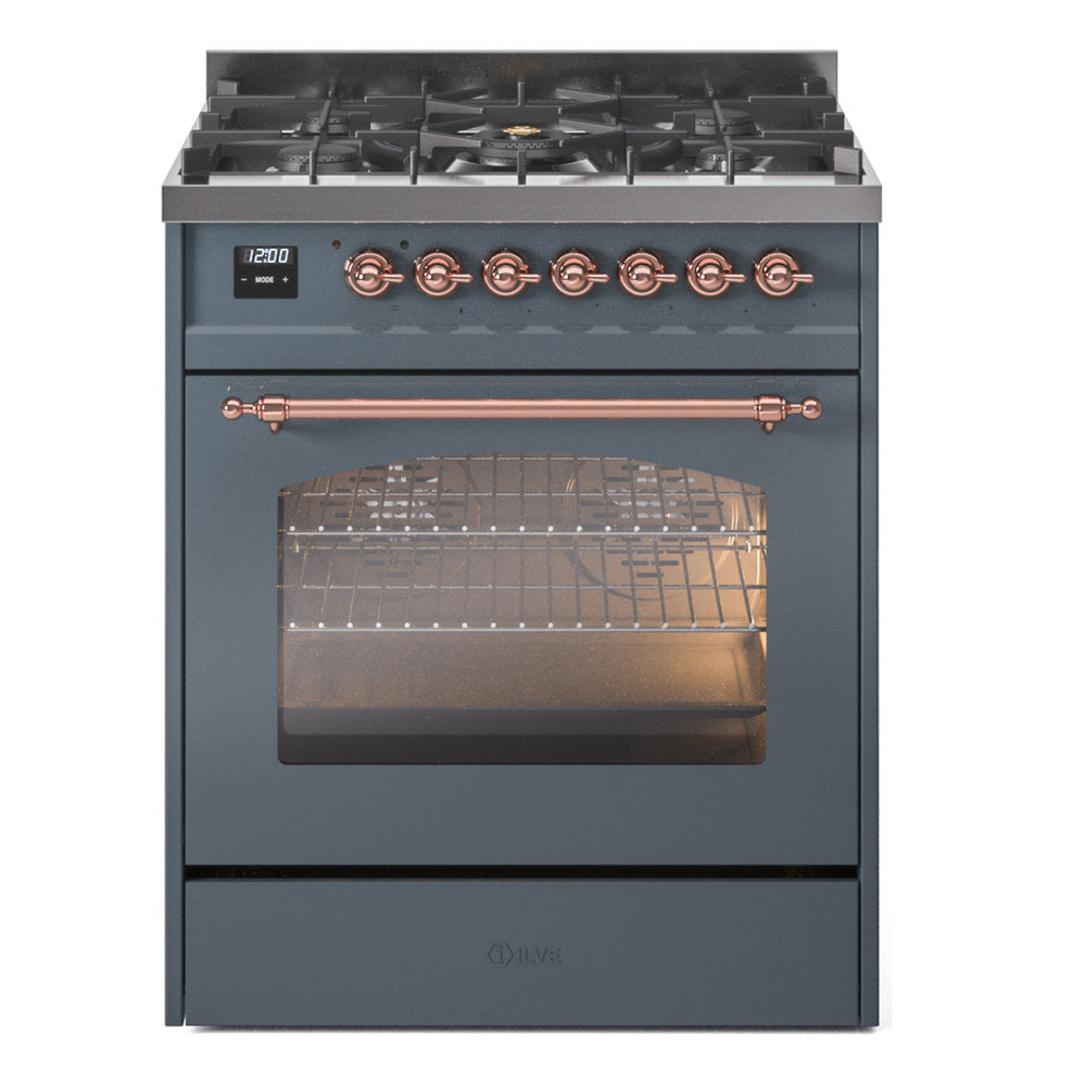 ILVE Nostalgie II 30-Inch Dual Fuel Range, Freestanding, Blue Grey with Copper Trim (UP30NMPBGPLP)
