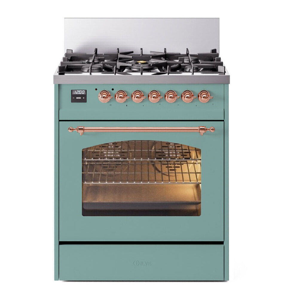 ILVE Nostalgie II 30-Inch Freestanding Propane Gas Dual Fuel Range in Mediterranean Mint with Brass Trim (UP30NMPMMGLP)