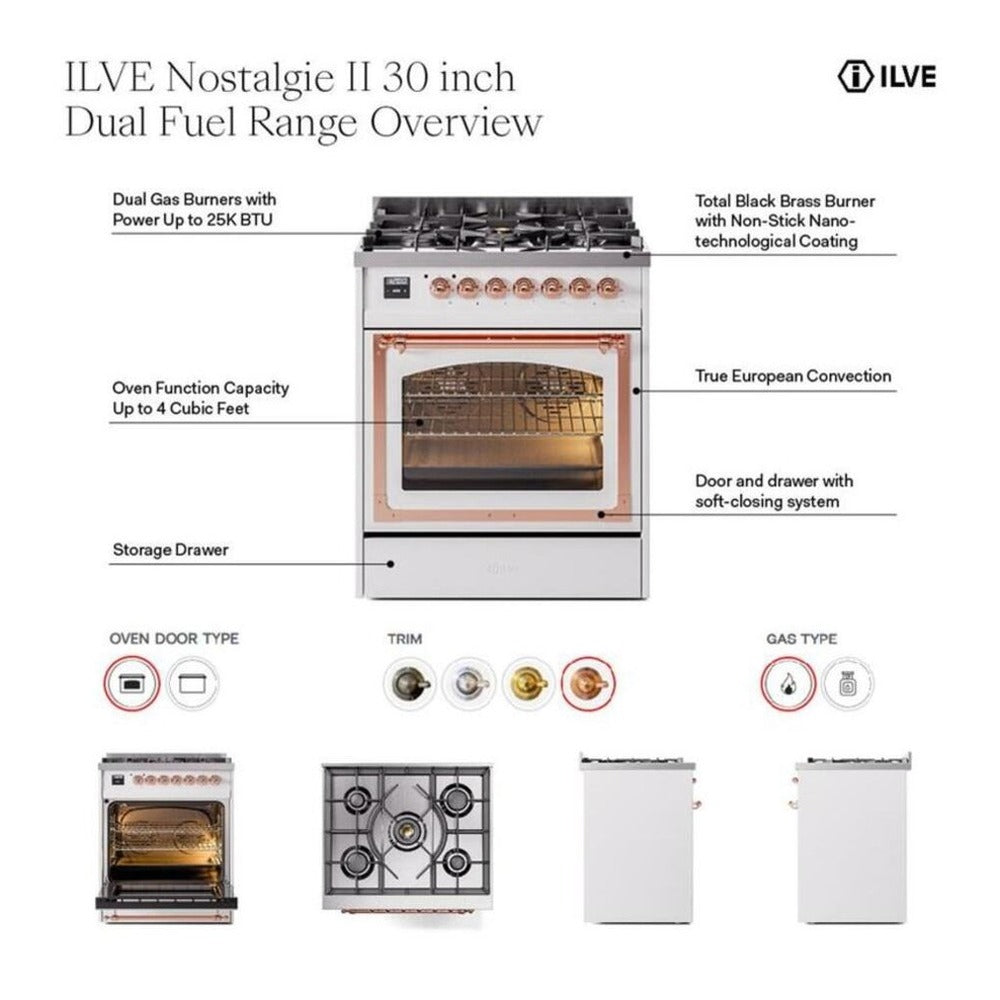 ILVE Nostalgie II 30-Inch Freestanding Natural Gas Dual Fuel Range in Mediterranean Mint with Brass Trim (UP30NMPMMG)