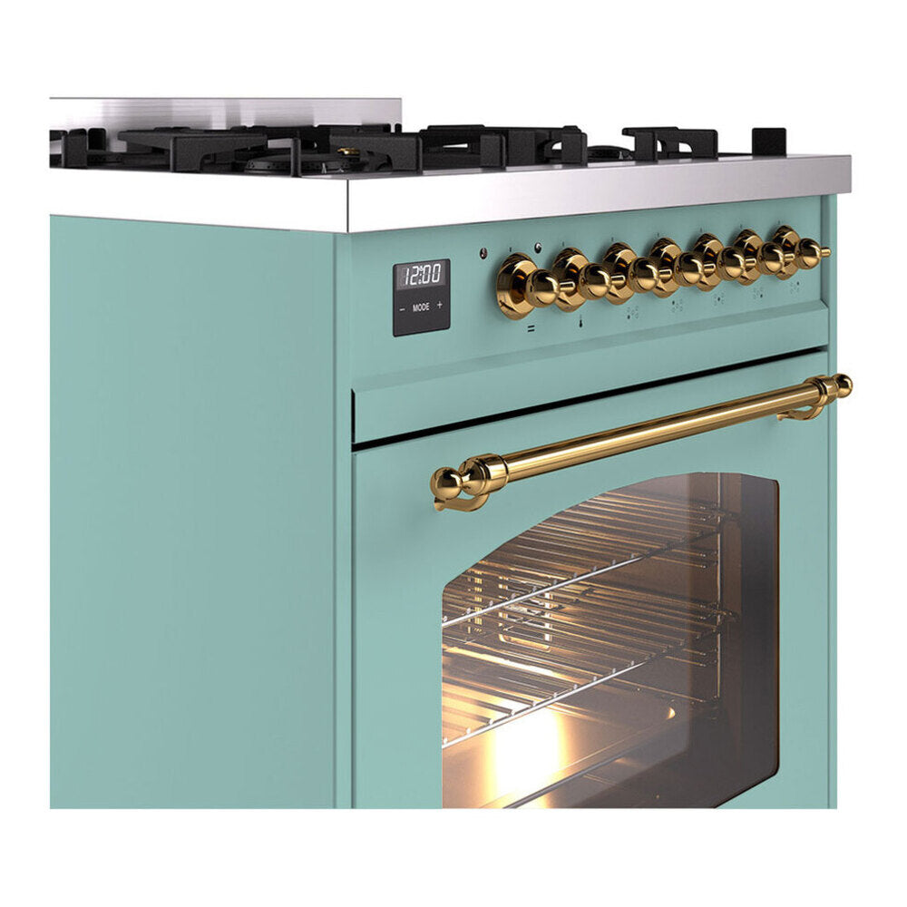 ILVE Nostalgie II 30-Inch Freestanding Natural Gas Dual Fuel Range in Mediterranean Mint with Brass Trim (UP30NMPMMG)