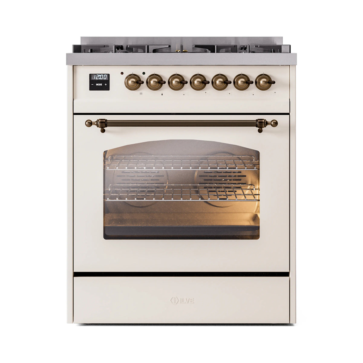 ILVE Nostalgie II 30-Inch Dual Fuel Freestanding Range in Antique White with Burnished Bronze Trim (UP30NMPAWBLP)