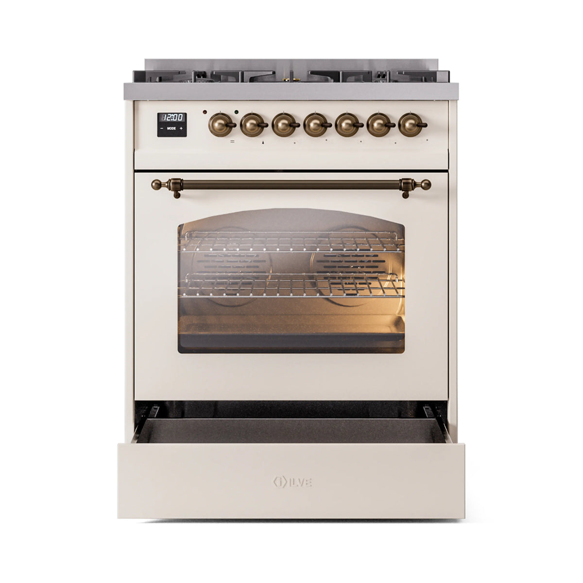 ILVE Nostalgie II 30-Inch Dual Fuel Freestanding Range in Antique White with Burnished Bronze Trim (UP30NMPAWBLP)