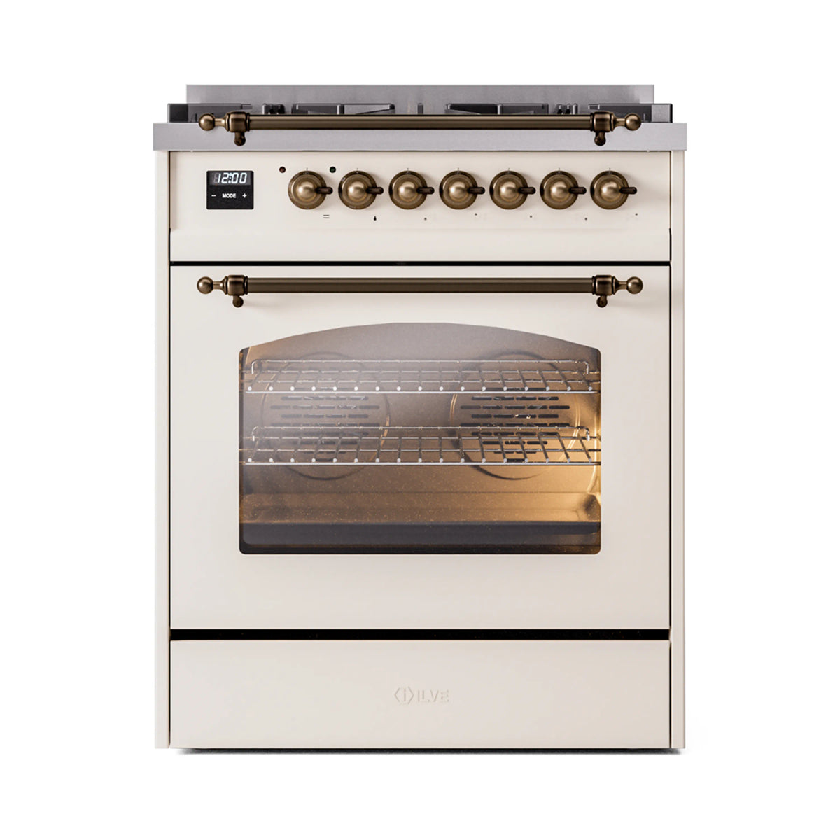 ILVE Nostalgie II 30-Inch Dual Fuel Freestanding Range in Antique White with Burnished Bronze Trim (UP30NMPAWBLP)
