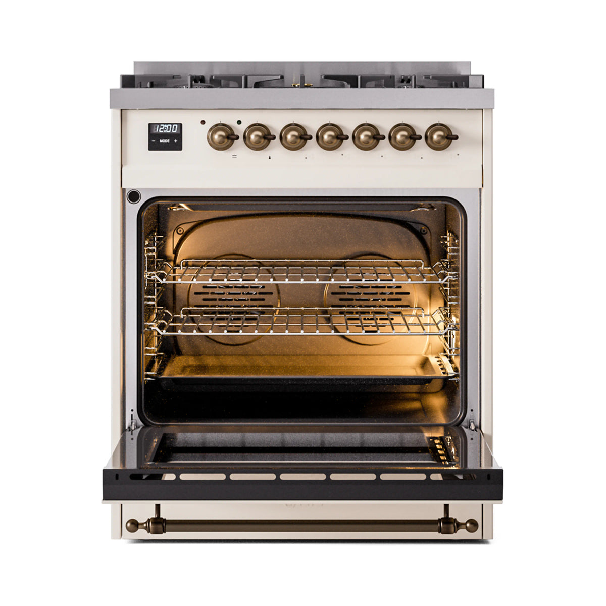ILVE Nostalgie II 30-Inch Dual Fuel Freestanding Range in Antique White with Burnished Bronze Trim (UP30NMPAWBLP)