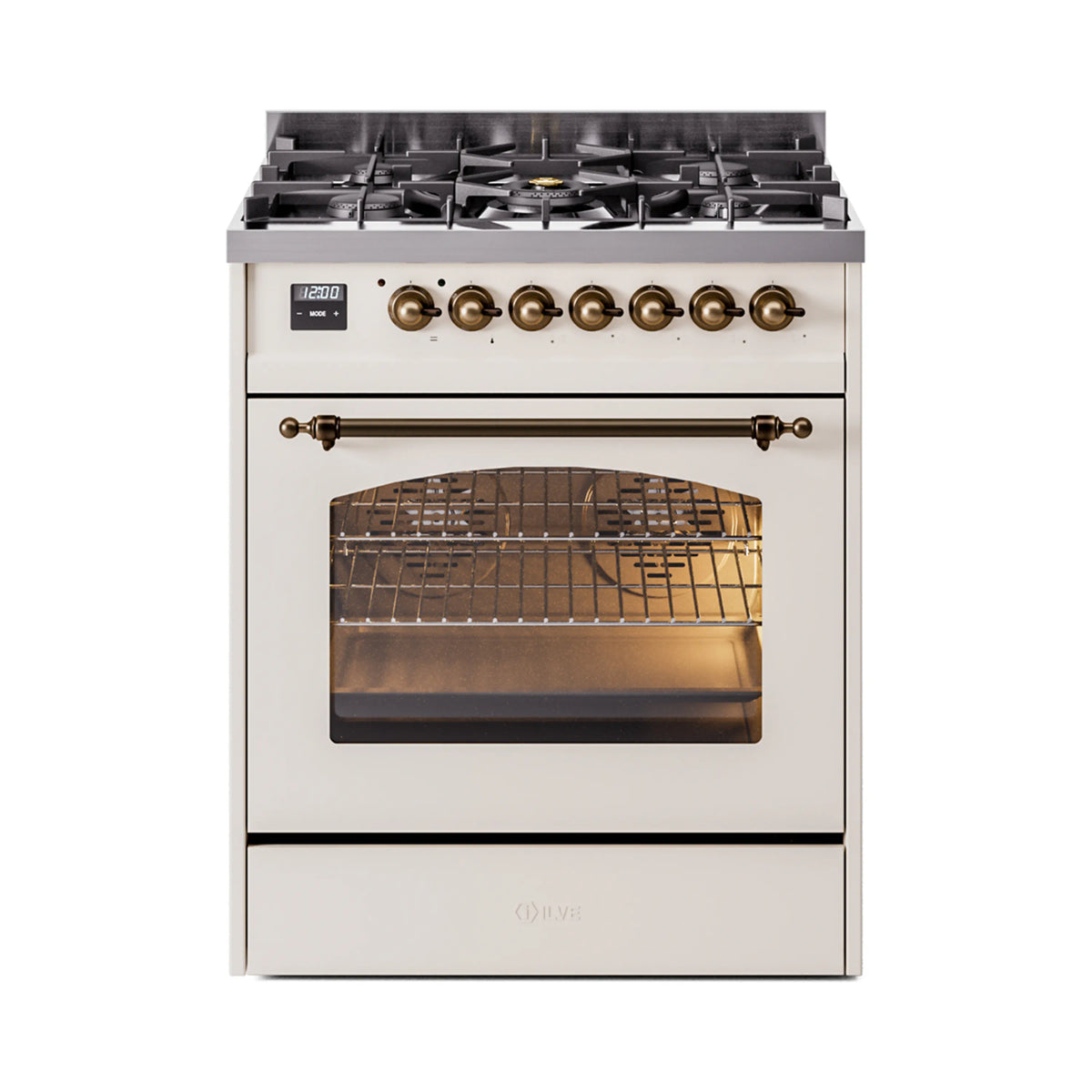 ILVE Nostalgie II 30-Inch Dual Fuel Freestanding Range in Antique White with Burnished Bronze Trim (UP30NMPAWBLP)