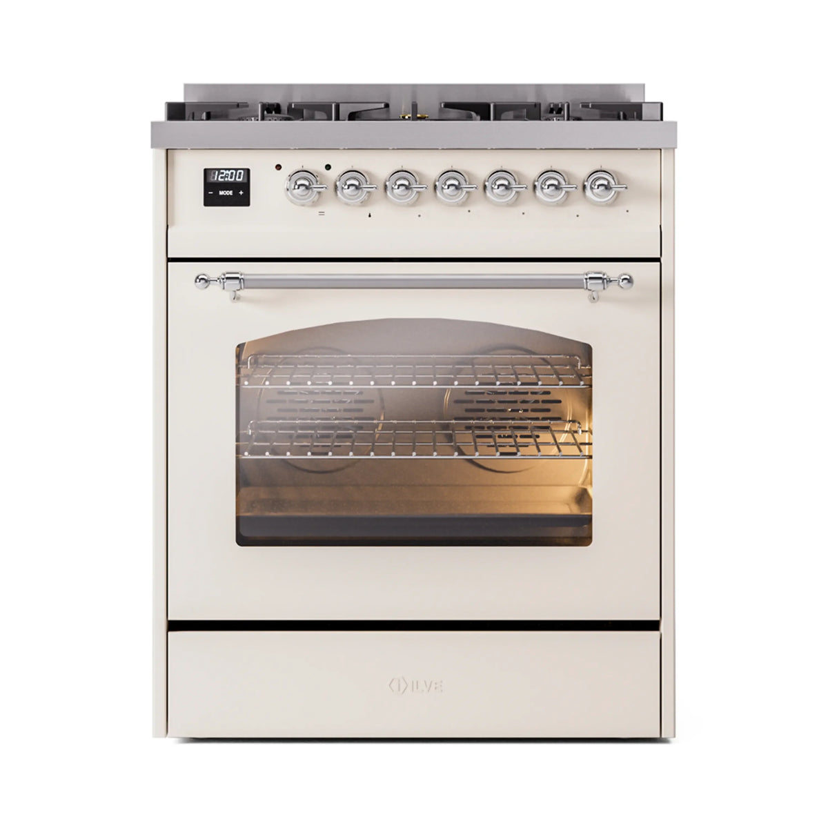 ILVE Nostalgie II 30-Inch Freestanding Natural Gas Dual Fuel Range in Antique White with Chrome Trim (UP30NMPAWC)