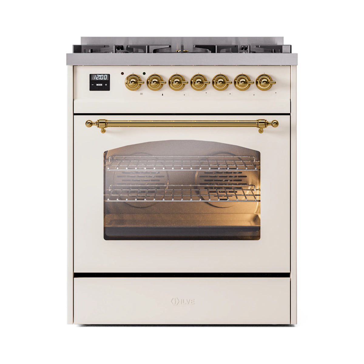 ILVE Nostalgie II 30-Inch Dual Fuel Freestanding Range in Antique White with Brass Trim (UP30NMPAWGLP)