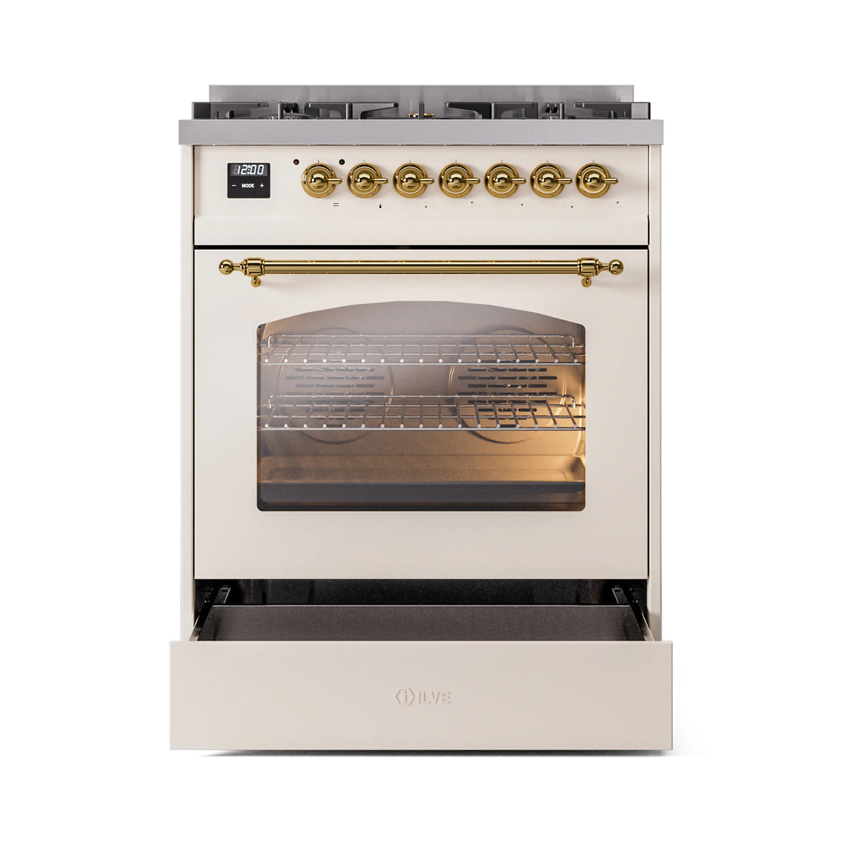 ILVE Nostalgie II 30-Inch Dual Fuel Freestanding Range in Antique White with Brass Trim (UP30NMPAWGLP)