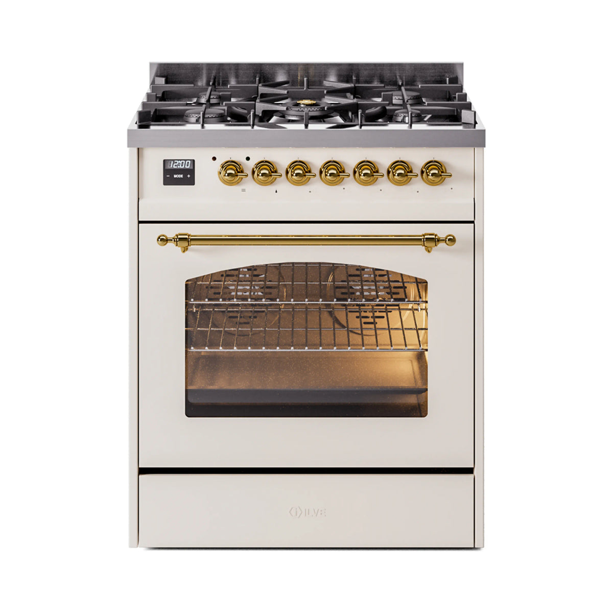 ILVE Nostalgie II 30-Inch Dual Fuel Freestanding Range in Antique White with Brass Trim (UP30NMPAWGLP)
