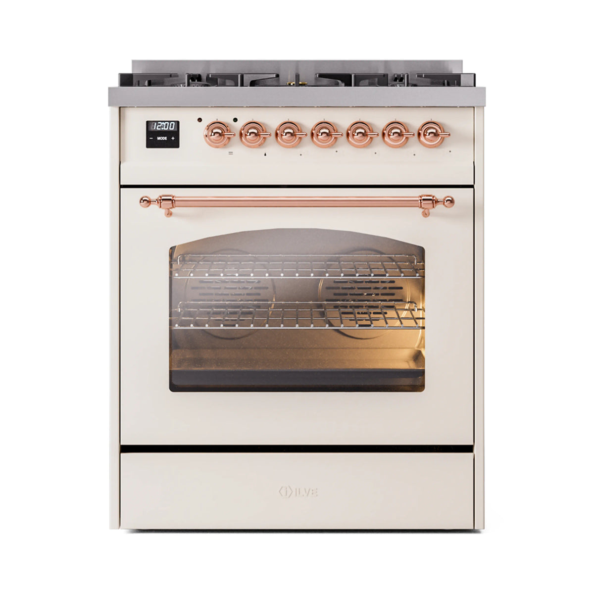 ILVE Nostalgie II 30-Inch Dual Fuel Freestanding Range in Antique White with Copper Trim (UP30NMPAWPLP)