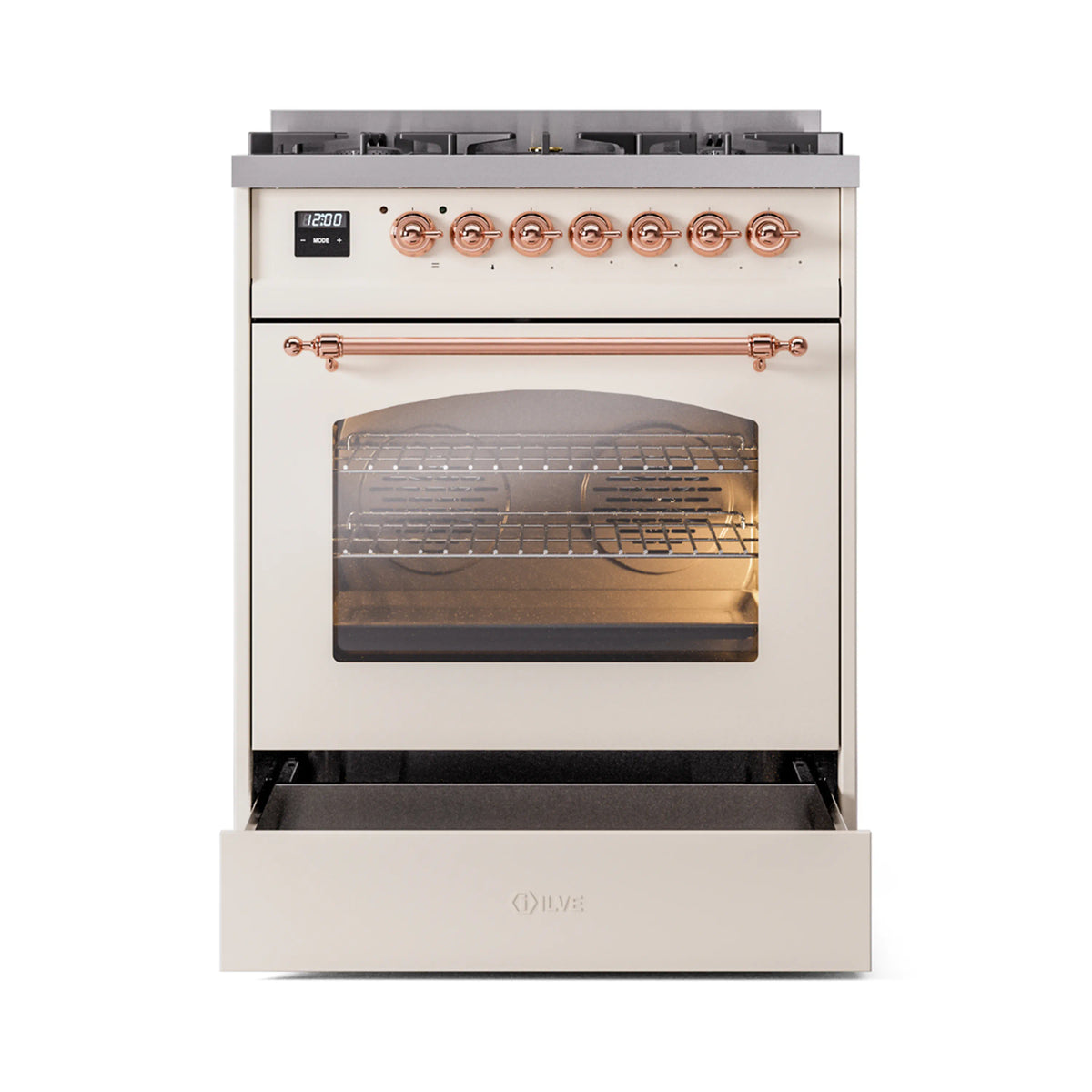ILVE Nostalgie II 30-Inch Dual Fuel Freestanding Range in Antique White with Copper Trim (UP30NMPAWPLP)