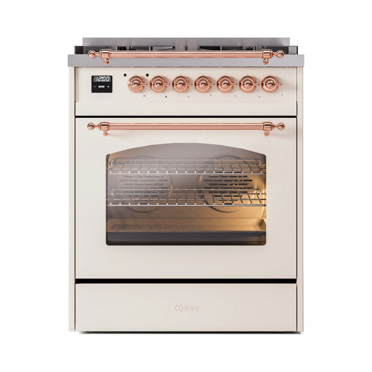 ILVE Nostalgie II 30-Inch Dual Fuel Freestanding Range in Antique White with Copper Trim (UP30NMPAWPLP)