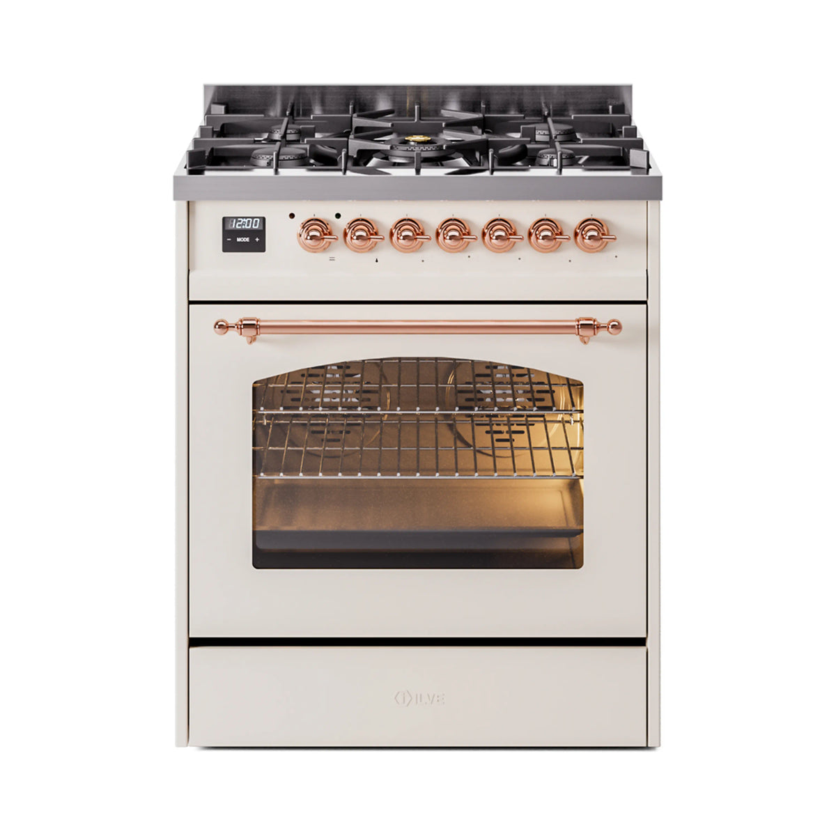 ILVE Nostalgie II 30-Inch Dual Fuel Freestanding Range in Antique White with Copper Trim (UP30NMPAWPLP)