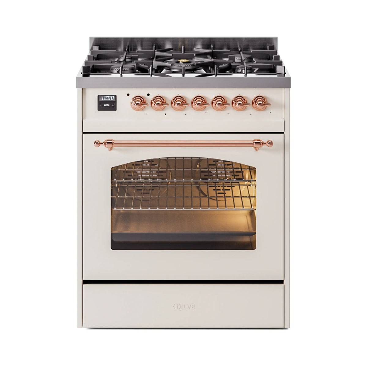 ILVE Nostalgie II 30-Inch Natural Gas Dual Fuel Range, Freestanding, Antique White with Copper Trim (UP30NMPAWP)