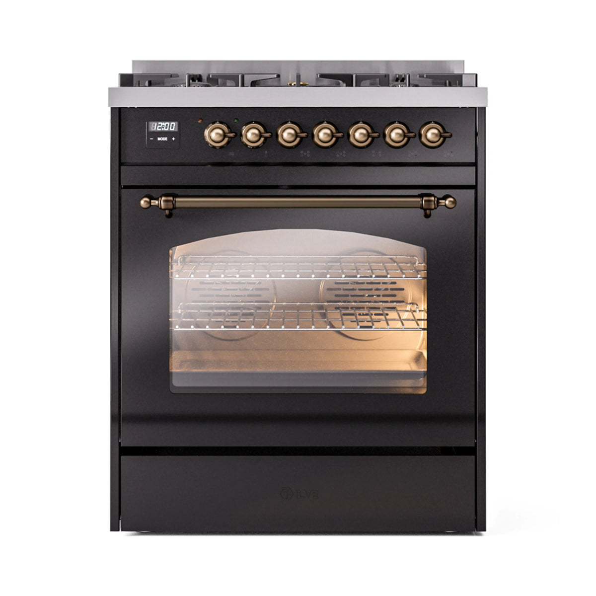 ILVE Nostalgie II 30-Inch Freestanding Natural Gas Dual Fuel Range in Glossy Black with Burnished Bronze Trim (UP30NMPBKB)