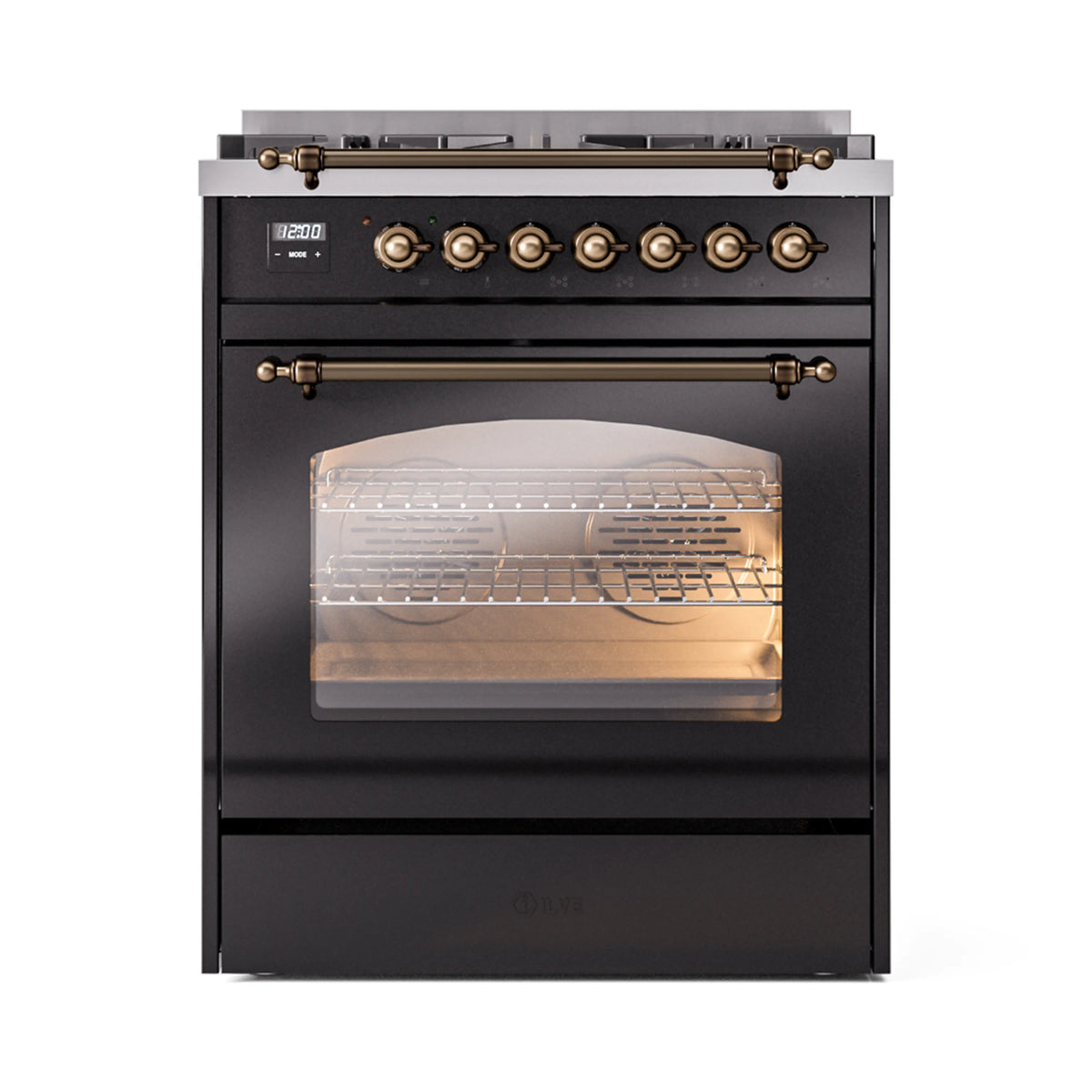 ILVE Nostalgie II 30-Inch Freestanding Natural Gas Dual Fuel Range in Glossy Black with Burnished Bronze Trim (UP30NMPBKB)