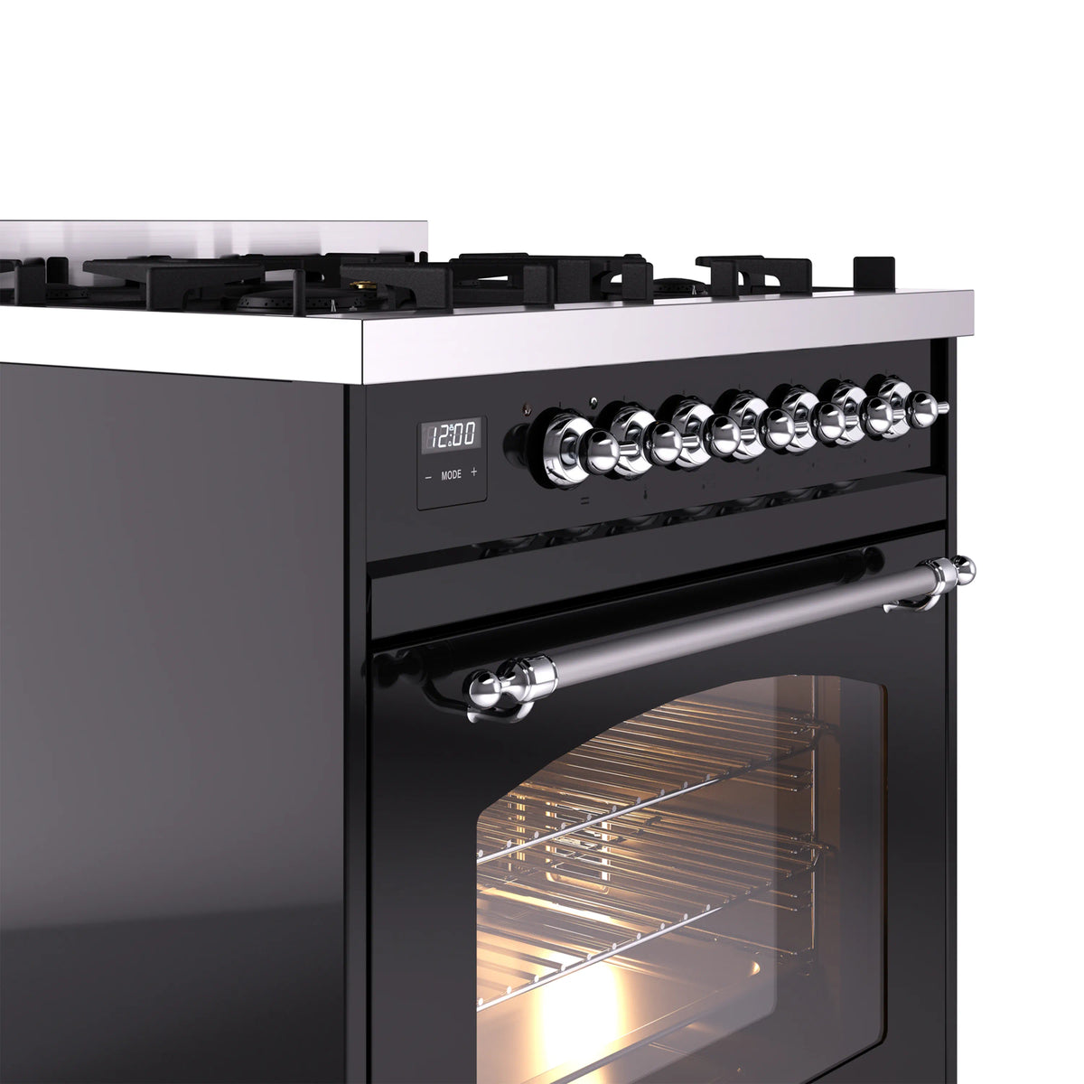 ILVE Nostalgie II 30-Inch Dual Fuel Freestanding Range in Glossy Black with Chrome Trim (UP30NMPBKCLP)