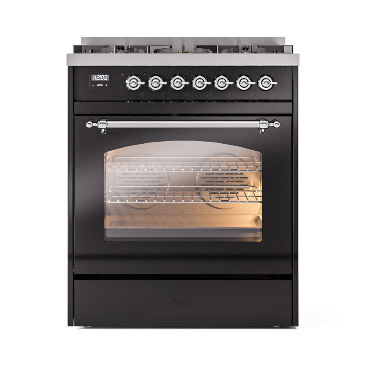 ILVE Nostalgie II 30-Inch Dual Fuel Freestanding Range in Glossy Black with Chrome Trim (UP30NMPBKCLP)