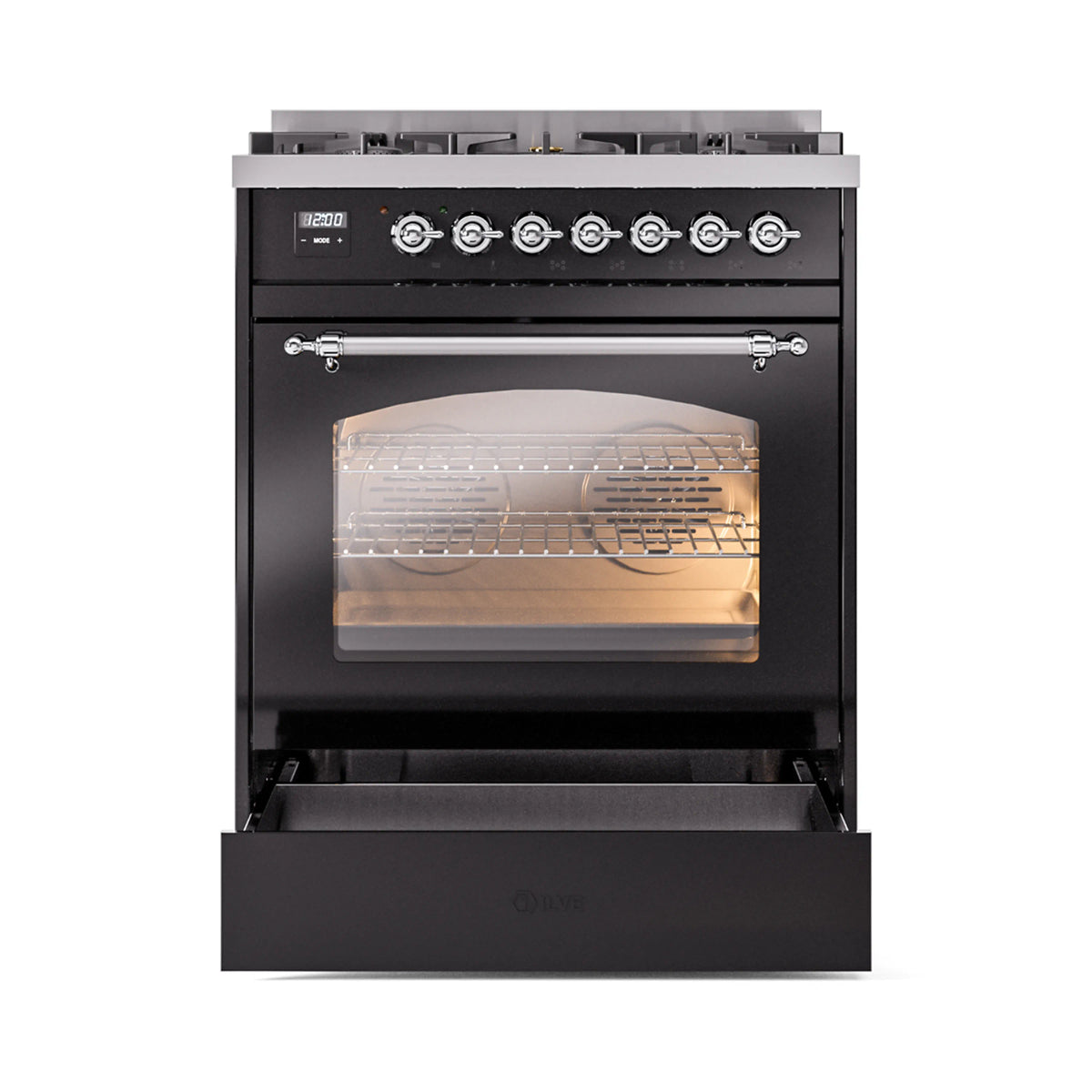 ILVE Nostalgie II 30-Inch Dual Fuel Freestanding Range in Glossy Black with Chrome Trim (UP30NMPBKCLP)