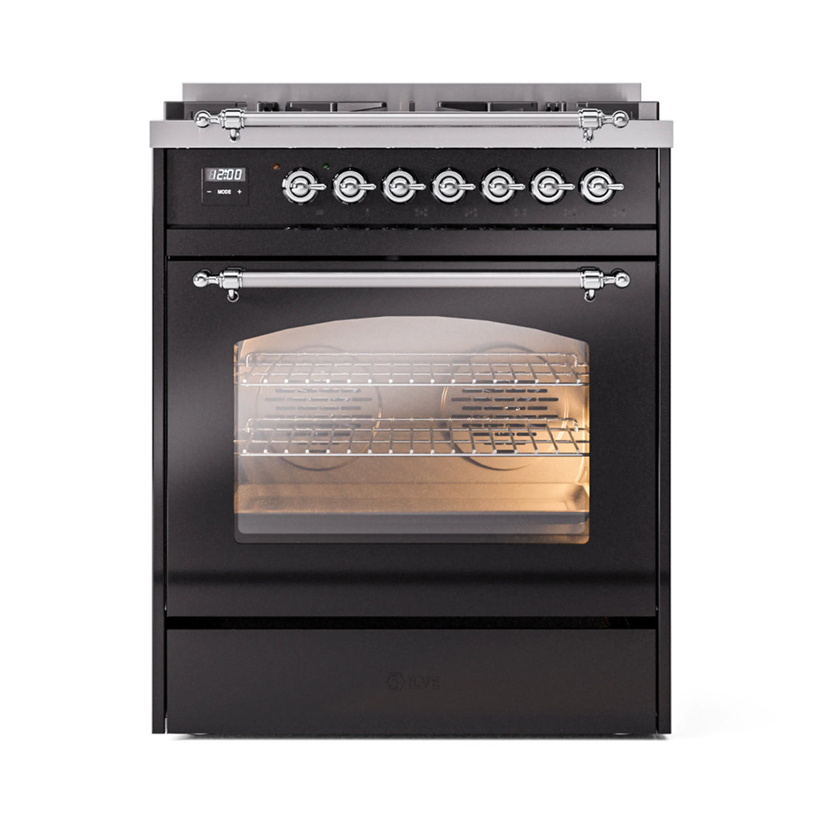 ILVE Nostalgie II 30-Inch Dual Fuel Freestanding Range in Glossy Black with Chrome Trim (UP30NMPBKCLP)