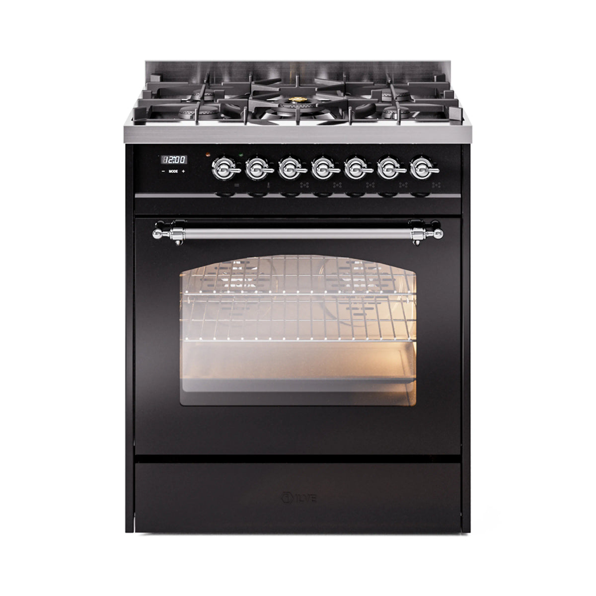 ILVE Nostalgie II 30-Inch Dual Fuel Freestanding Range in Glossy Black with Chrome Trim (UP30NMPBKCLP)