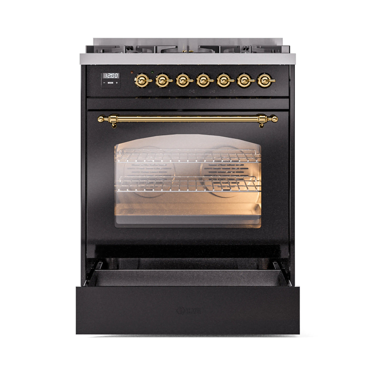 ILVE Nostalgie II 30-Inch Dual Fuel Freestanding Range in Glossy Black with Brass Trim (UP30NMPBKGLP)