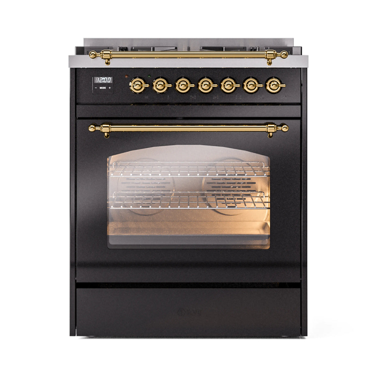 ILVE Nostalgie II 30-Inch Dual Fuel Freestanding Range in Glossy Black with Brass Trim (UP30NMPBKGLP)