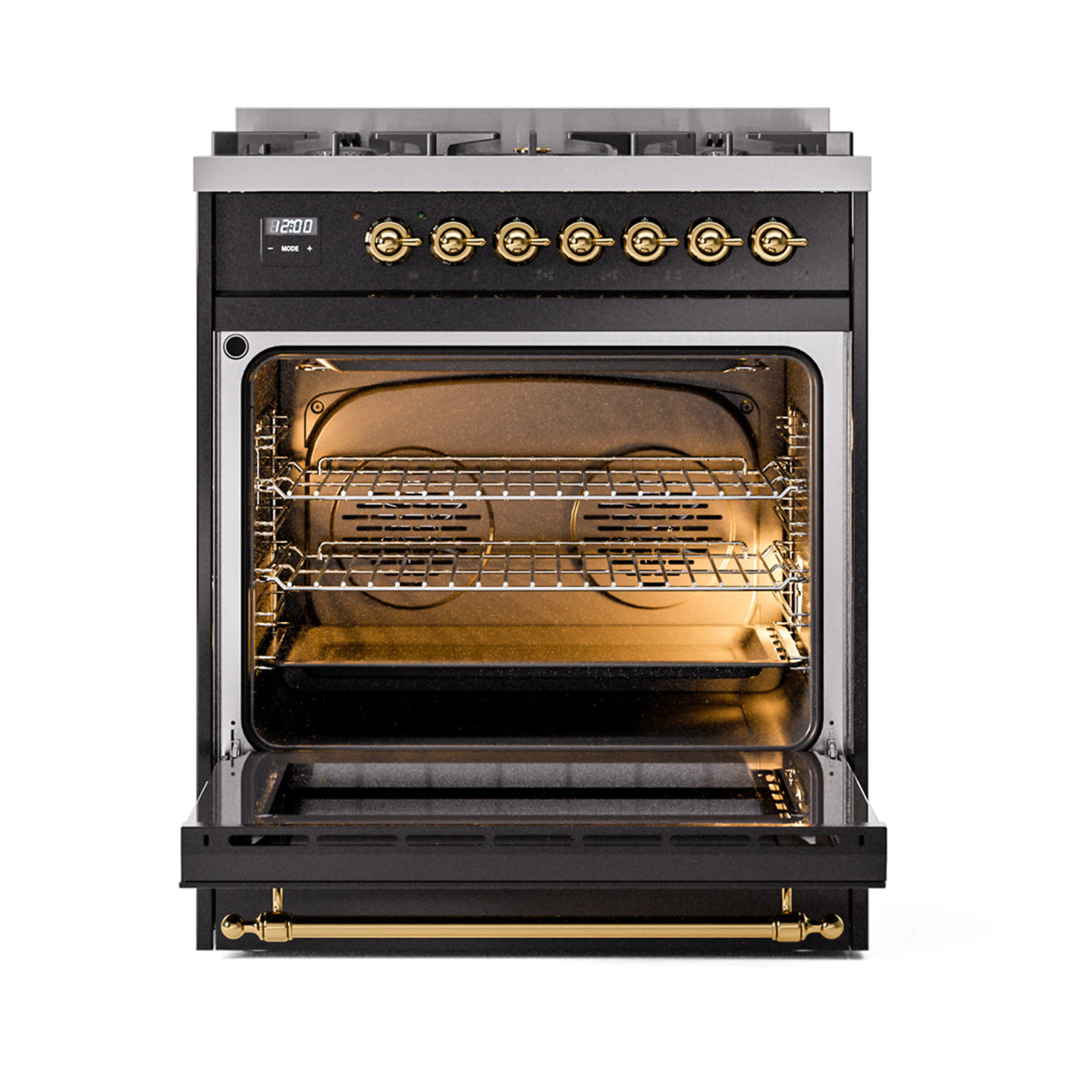 ILVE Nostalgie II 30-Inch Dual Fuel Freestanding Range in Glossy Black with Brass Trim (UP30NMPBKGLP)